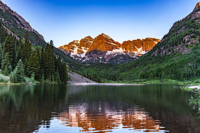 Scenic view of lake by mountains against sky