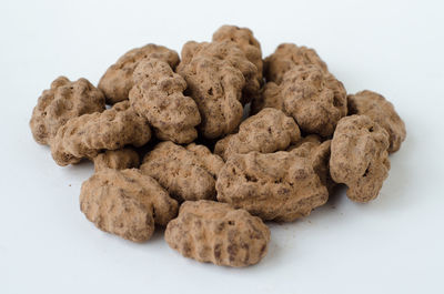 Close-up of cookies against white background