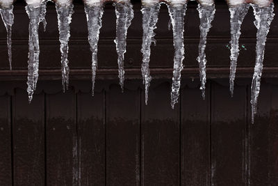 Close-up of icicles hanging on metal structure