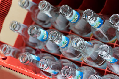 High angle view of bottles on table