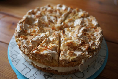 High angle view of cake in plate on table