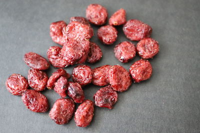 High angle view of chopped fruits on table