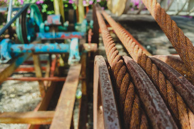 Close-up of ropes on rusty metal
