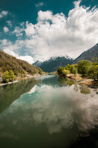 Scenic view of lake and mountains against sky