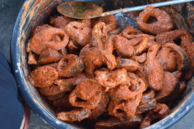 High angle view of meat in container