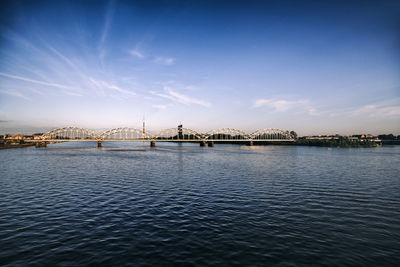Bridge over river with city in background