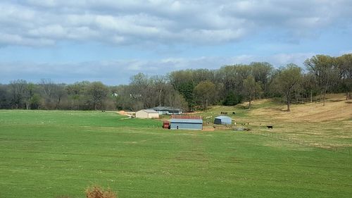 Scenic view of grassy field against cloudy sky