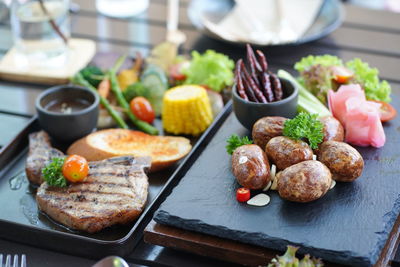 High angle view of food served on table