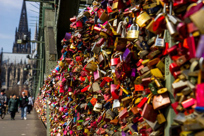 Close-up of padlocks hanging on city street