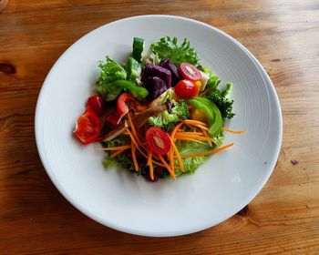 High angle view of salad in plate on table