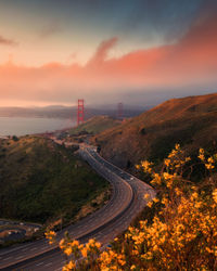 High angle view of road against sky during sunset