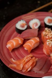 Close-up of sushi served in plate