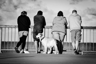 Rear view of people with dogs walking against sky