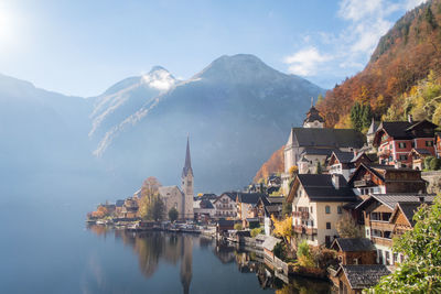 Panoramic view of buildings and mountains against sky