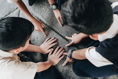 High angle view of people on floor