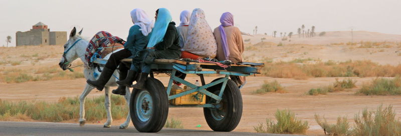 Women sitting on horse cart at desert