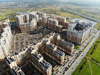 High angle view of buildings in city