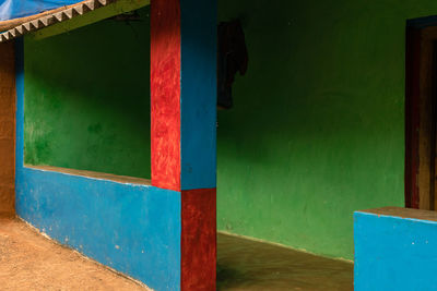 Multi colored wooden door of building