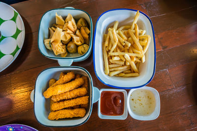 High angle view of food served on table