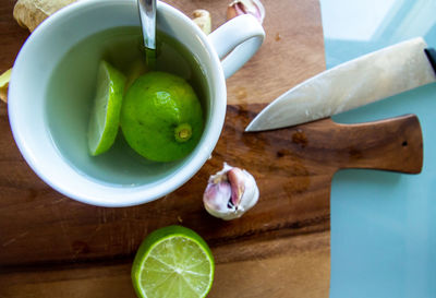 High angle view of fruits in bowl on table