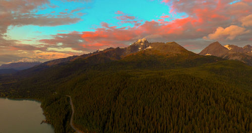 Scenic view of mountains against sky during sunset