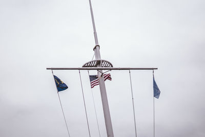 Low angle view of flags hanging against clear sky