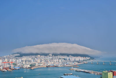 Scenic view of sea and buildings against sky