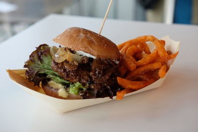 Close-up of burger in plate