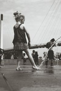 Black-and-white, water, child, pedestrian bridge, omaha, ne, over missouri river. 