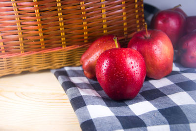 Close-up of strawberries in basket on table