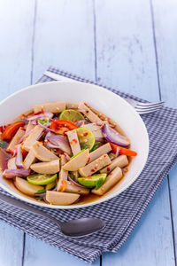 High angle view of vegetables in bowl on table