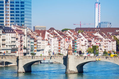 Bridge over river with buildings in background