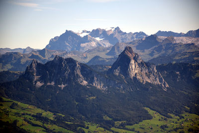 Panoramic landscape view from the top of rigi klum, mount rigi in switzerland