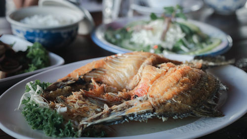 Close-up of meal served on table