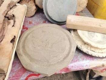 High angle view of objects on wood