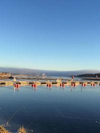 Sailboats in marina against clear blue sky