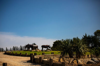 Panoramic view of people looking at farm against sky