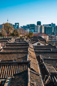 Aerial view of city against clear sky