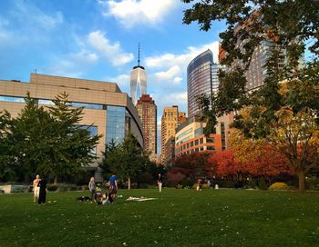 People relaxing in park