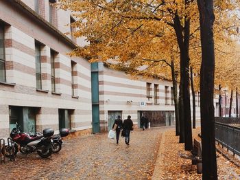 People walking on road along buildings