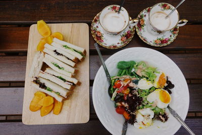 High angle view of vegetables in plate on table
