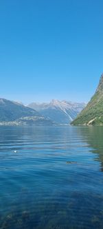 Scenic view of lake against clear blue sky