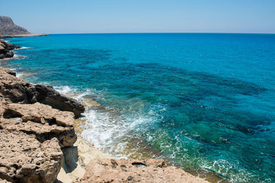 Scenic view of sea against clear blue sky