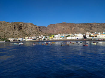 Scenic view of bay against clear blue sky