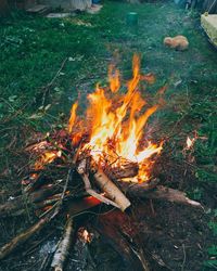 High angle view of bonfire on field