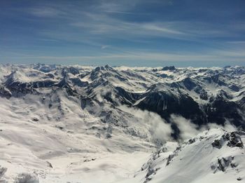 Scenic view of snow mountains against sky