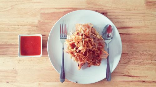 Directly above shot of breakfast in plate on table