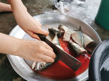 High angle view of person preparing fish in container