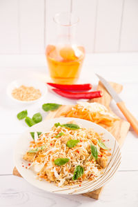 High angle view of food served in plate on table