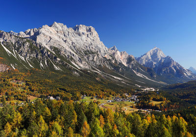 Scenic view of snowcapped mountains against clear sky